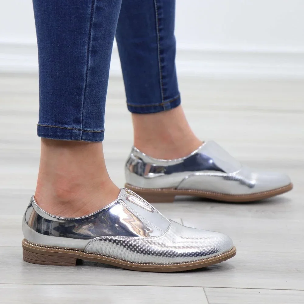 Silver Patent Flat Slip On Oxford Loafers - Picture 6 of 15